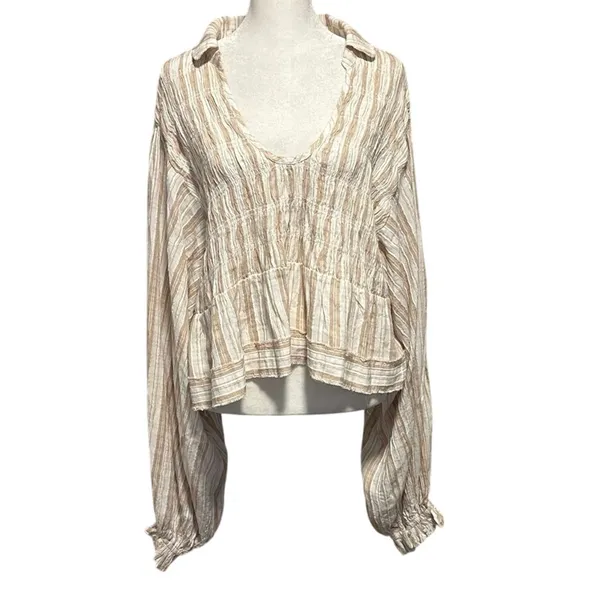 By Anthropologie Size M Balloon Sleeve Scoop Neck Collared Blouse Neutral Stripe - Image 3