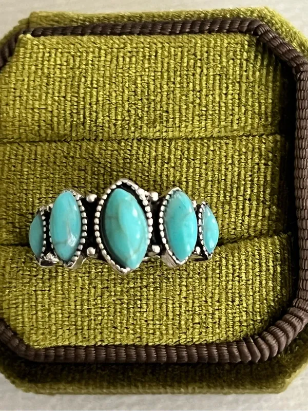 Boho/Chic Blue Turquoise Cluster DesignStainless Steel Silver Statement Ring S 6 - Image 2