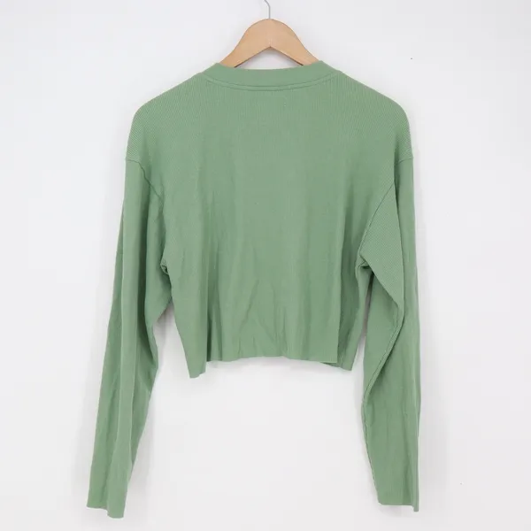 BP Top Womens S Henley Cropped Sage Green Waffle Knit Thermal Long Sleeve - Image 4