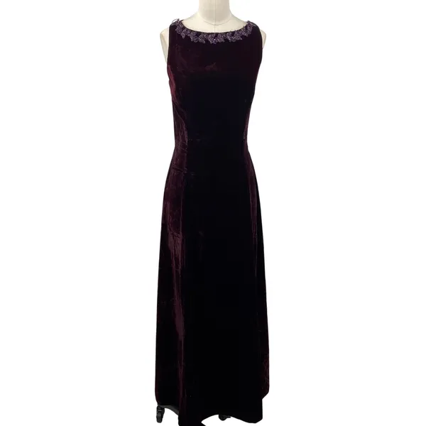 Vintage 90s Scott Mcclintock Beaded Velvet Gown Sheer Low Back Purple 6 - Image 4