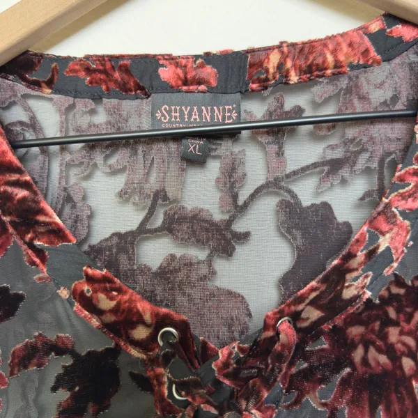 Shyanne Women Velvet Burnout Blouse Top XL Burgundy Floral Paisley Lace Up Sheer - Image 4