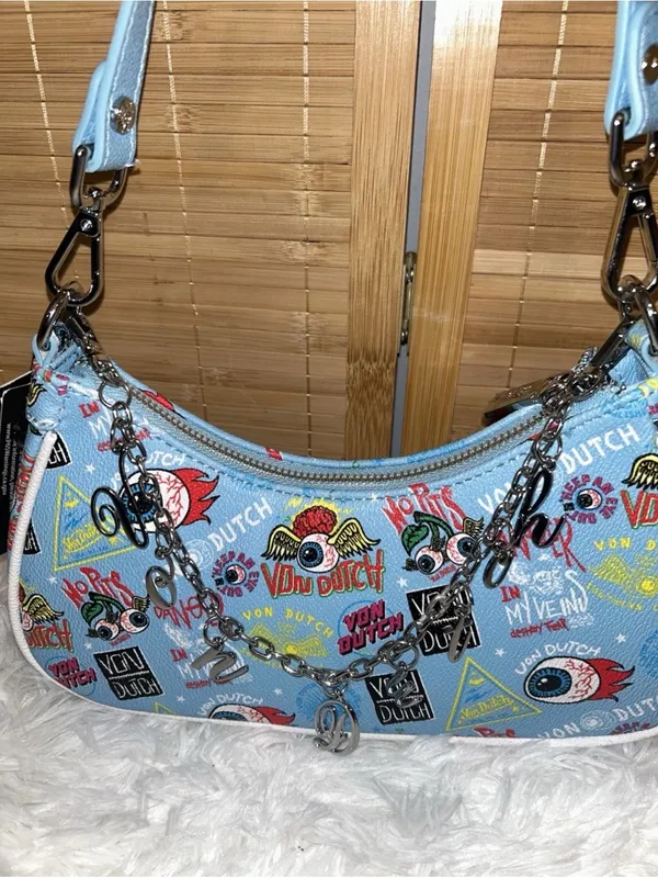 Von Dutch Blue Jax Shoulder Bag Y2K Eye Print Charm Chain Purse NWT Rare - Image 2