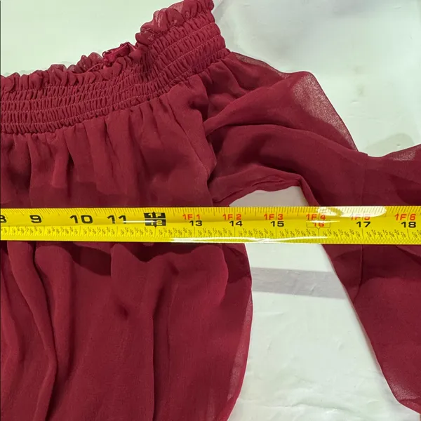 City Triangles burgundy sheer Maxi Dress S flowy bell sleeves boho off shoulder - Image 12