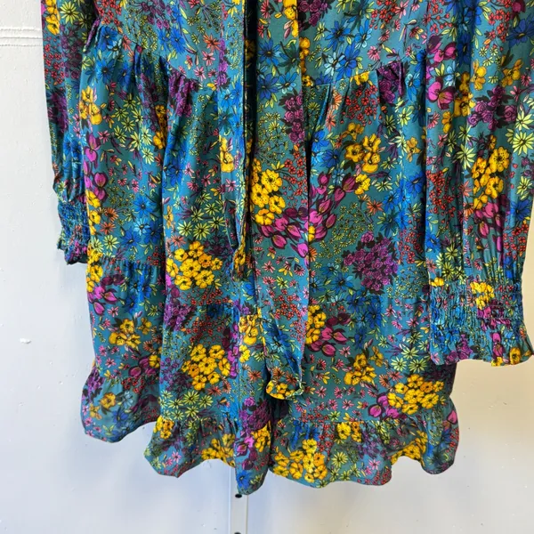 Dixie Teal Floral Tie Neck Tiered Ruffle Mini Dress Long Sleeve‎ Smocked Cuffs - Image 5