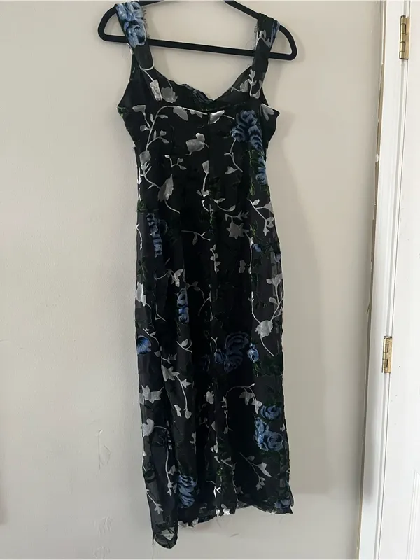 Lulus Black Blue Floral Velvet Burnout Midi Dress Small Romantic Wedding Guest - Image 8