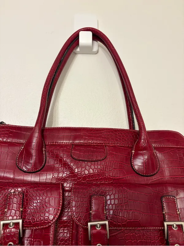 Red Croc Embossed Satchel Handbag 3 Buckle Pockets Structured Tote - Image 3