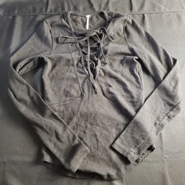 Free People Seamless Lace‎ Up Layering Long Sleeve Top Black Small - Image 2
