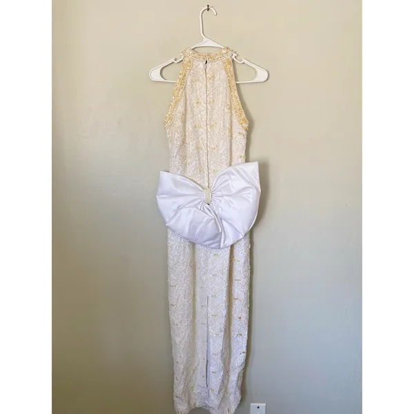 Vintage 90s Pearl Beaded Wedding Gown Size 12 Back Bow Old Money Bridal Dress - Image 5