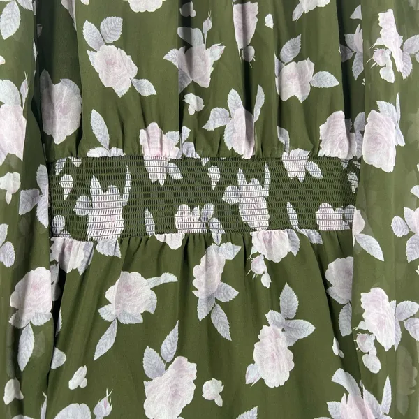 Aritzia‎ Wilfred Wistful Mini Dress Womens M Green Floral Smocked Surplice Neck - Image 11