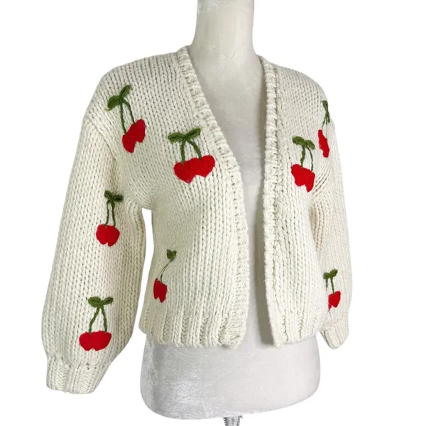 Forever 21 Cherry Chunky Knit Cardigan Sweater Size XS Women 9/10 KIDS - Image 11