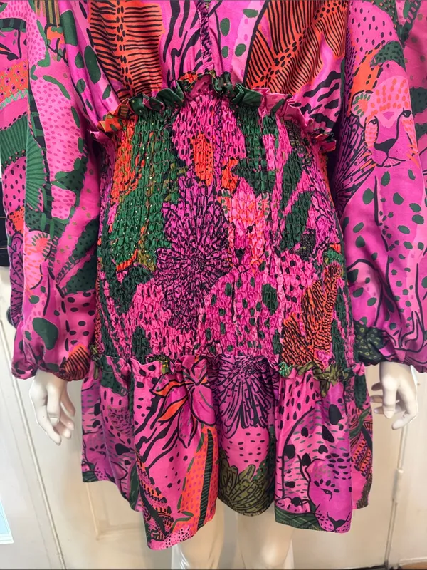 Farm Rio Boho Cool Leopards Mini Dress V-Neck Smocked Mini Dress Size Large - Image 4