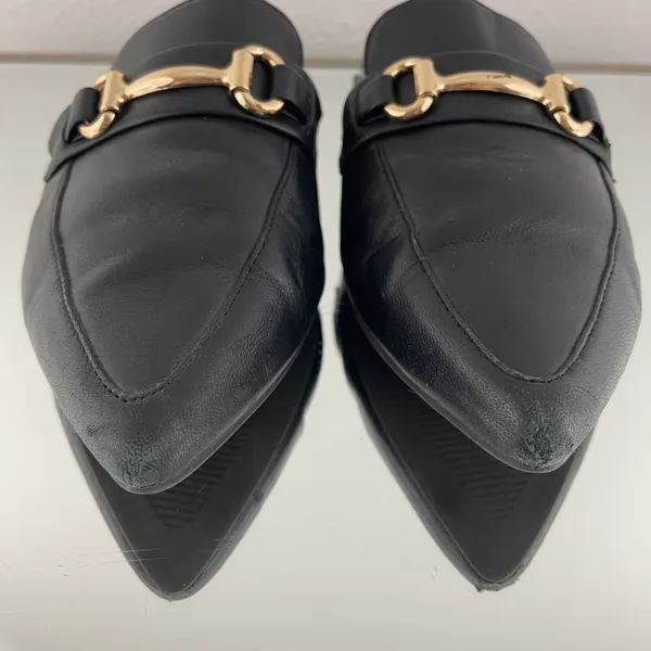 Black Leather Fortress Horse Bit Pointed Toe Slip On Loafer Mules - Image 10