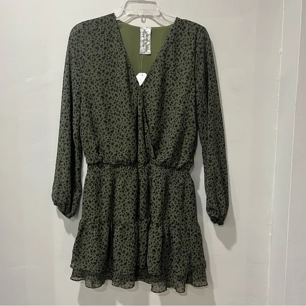 Sadie & Sage Womens Olive Green Animal Print Mini Dress Long Sleeve‎ Small NWT - Image 2