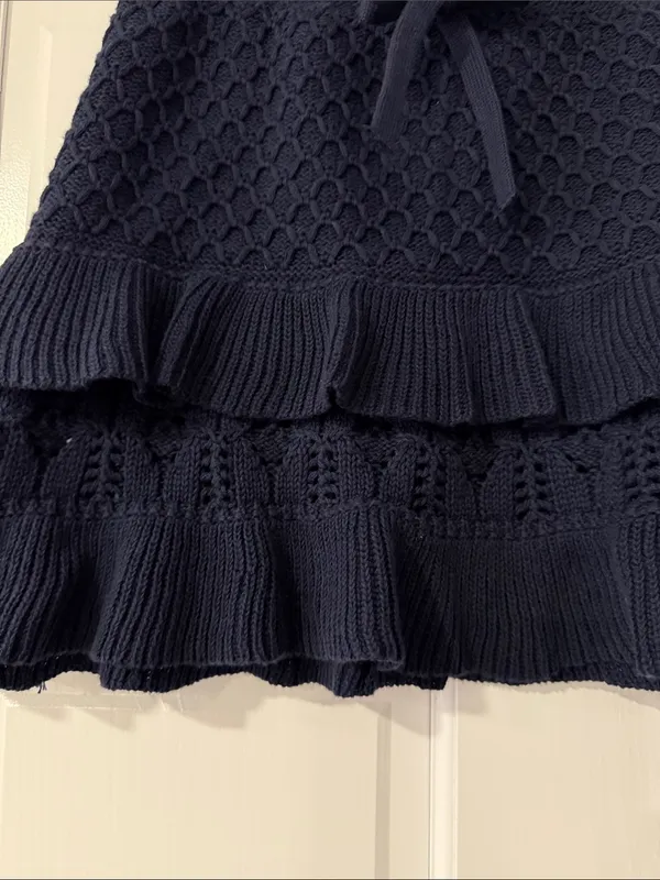 Millie Bobby Brown Navy Knit Tie-Front Ruffle Mini Skirt Soft Perfect Fit XXS - Image 6