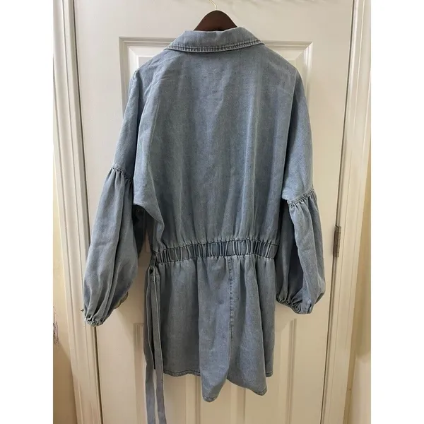 NWT Mable Denim Balloon Sleeve Rompe Sz L Tie Waist Shorts Cotton Boho Western - Image 12