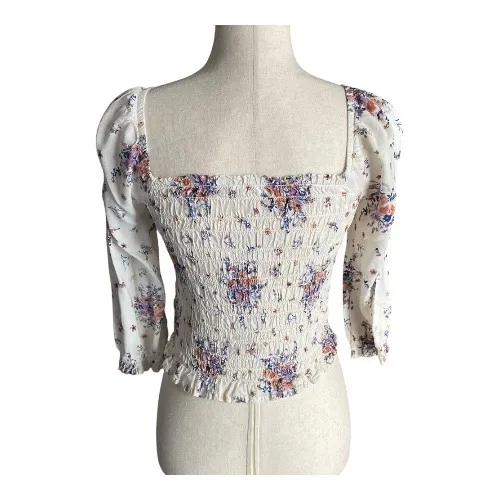 REWIND-CREAM COLOR FLORAL SMOCKED TOP-WOMENS SIZE SMALL Gorgeous top, fro t and back smocking, women’s size small, excellent condition Measurements: Bust: armpit to armpit 14-18 inches Length: shoulder seam to bottom 17 inches - Image 6