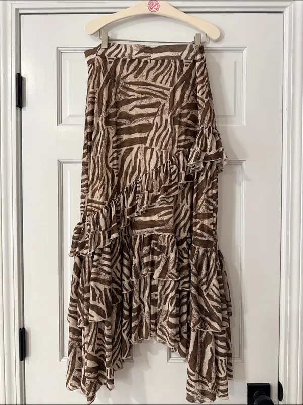 Sinsay Beige Zebra-Print Tiered Ruffle Asymmetrical Midi Lined Skirt Size XL - Image 6