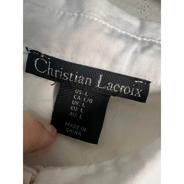 Christian Lacroix White Cut Out Leaf Embroidered Cropped Button Down Shirt‎ Sz L - Image 3