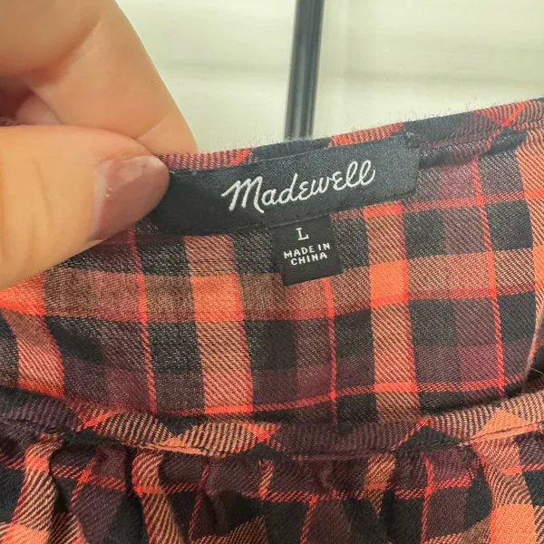 Madewell Plaid‎ Ruffled Sqaureneck Gingham Red and Black Top Size L Cotton - Image 6