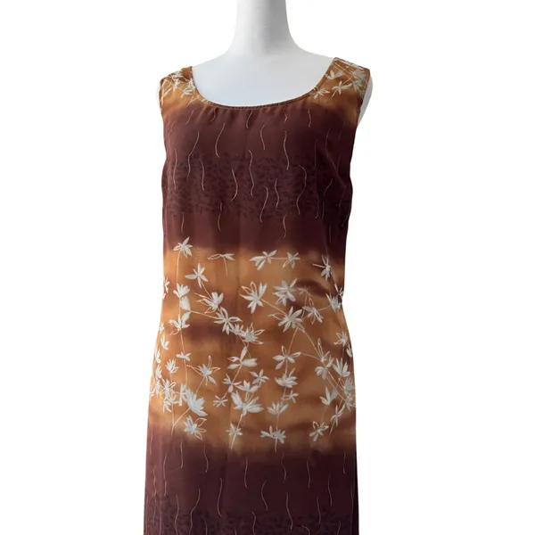 Vintage ‘90s Apostrophe Brown & Tan Floral Scoop Neck Sleeveless Maxi Dress - Image 4