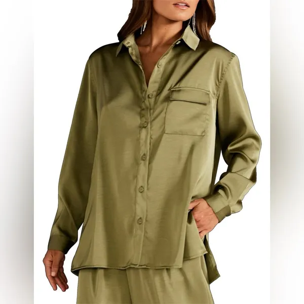 NEW MINKPINK Anissa Button Up Long Sleeve Satin Blouse Women’s S Olive Green‎ - Image 2