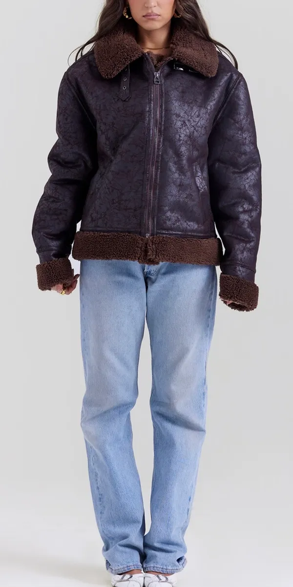 NWT House of CB Brown Vegan Shearling Aviator Jacket Women's Size: L+ - Image 11