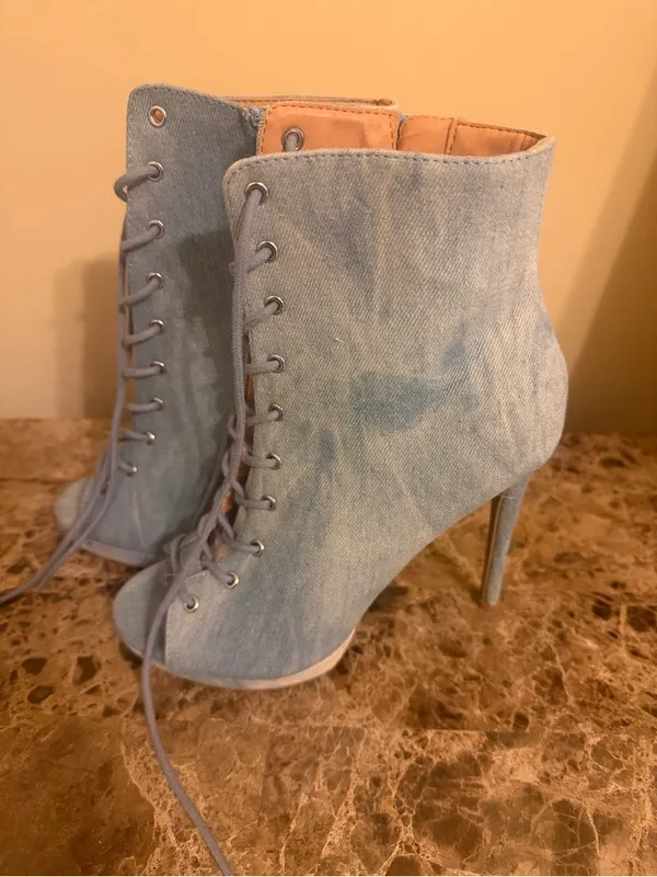 Wild Diva Light Blue Denim Lace-Up Peep Toe Heeled Booties Never worn! - Image 3