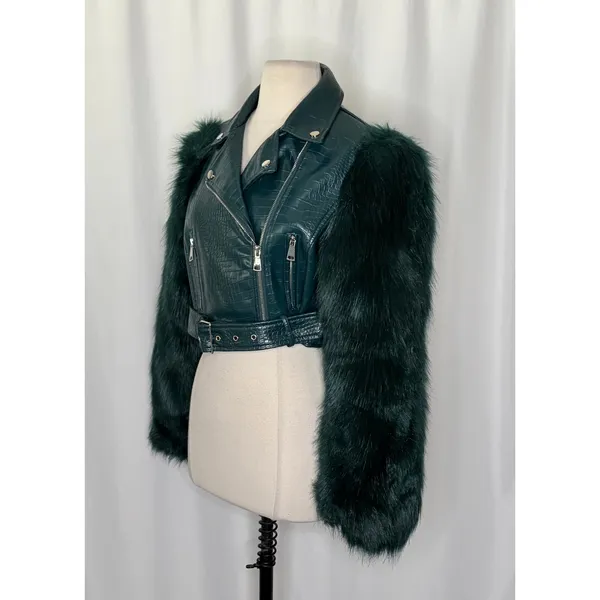 AZALEA WANG Nolla Faux Fur Arms Croc Moto Jacket Jade Green Vegan Leather Medium - Image 6