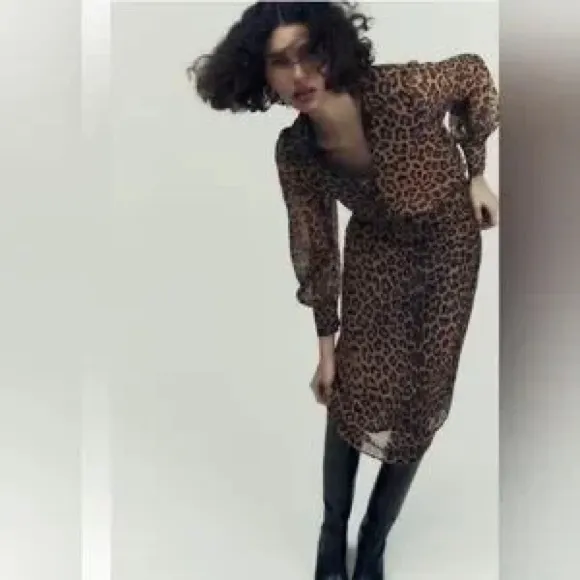 Zara Black and Brown Leopard Shirt Midi Dress Belted Large - Image 2