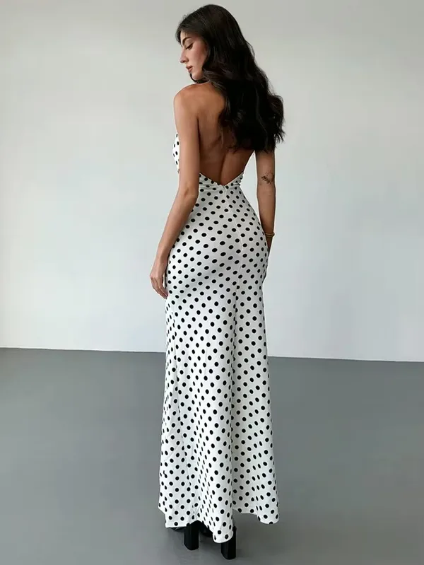 SHEIN Polka Dot Halter Maxi Dress with Rosette Accent - Size M (US 6) - Image 4