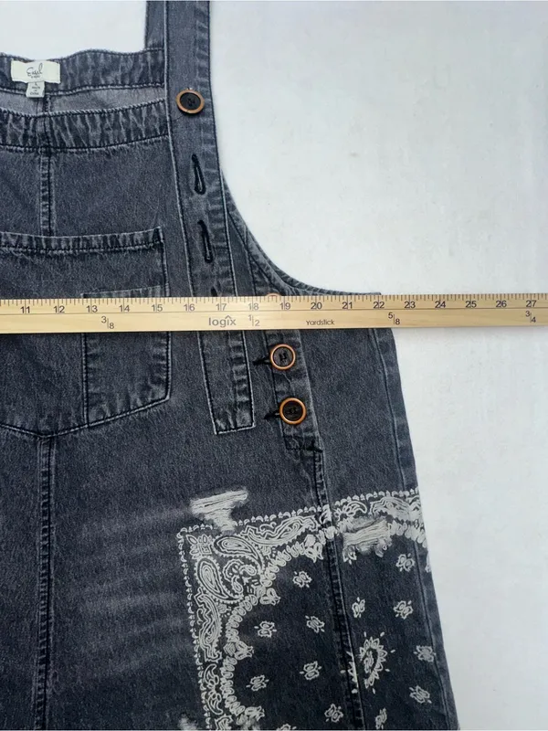 EASEL Lg Washed Black Denim Overalls Paisley Bandana Distressed Wide Leg - Image 6