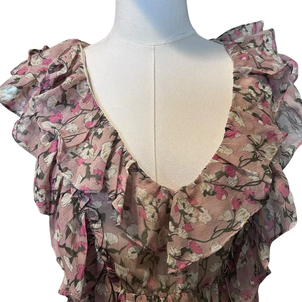 Anthropologie ARYN K. Dress Ruffles Y2K Blouson Sheer Lined Floral Fairy Boho SZ Sm Pinks - Image 2