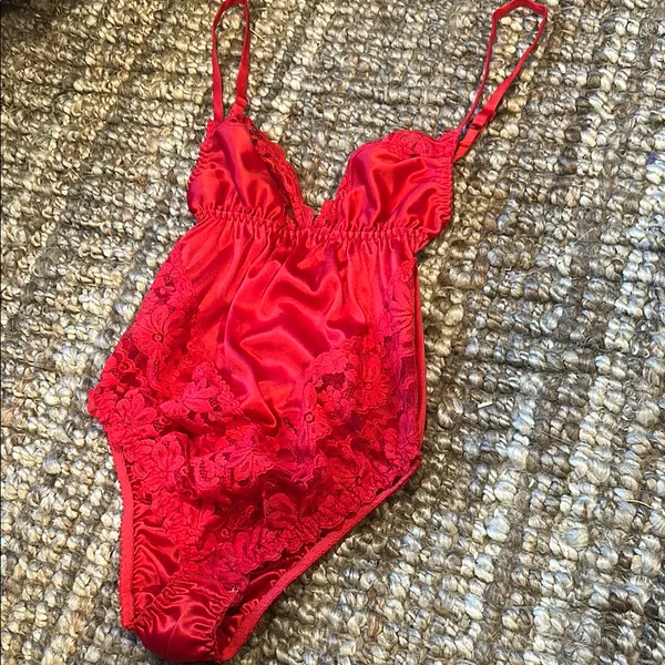 Vintage Dolores For Poirette Red Satin Lace Lingerie Bodysuit Size 34 - Image 11