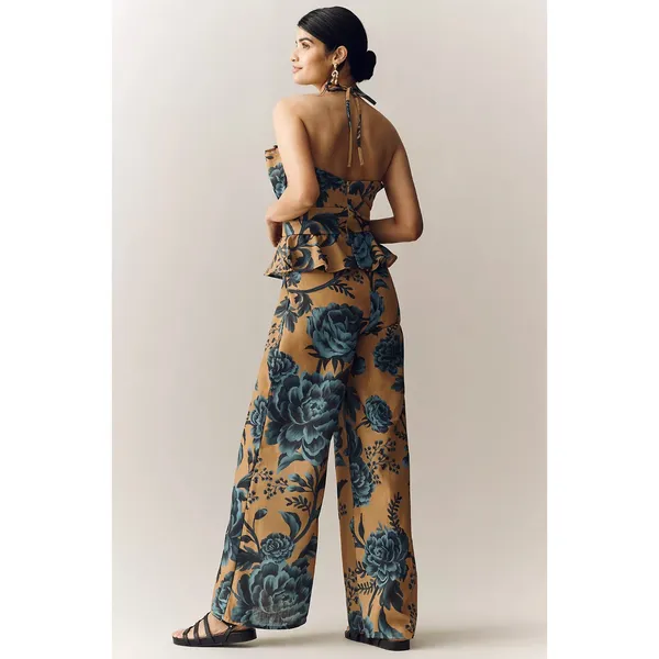 ESPECIA Anthropologie Halter Floral Peplum Jumpsuit Size Small - Image 2