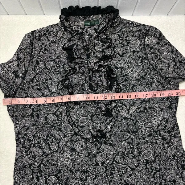 Ralph Lauren Black White Paisley‎ Ruffle Front Long Sleeve Cotton Blouse Size XL - Image 8