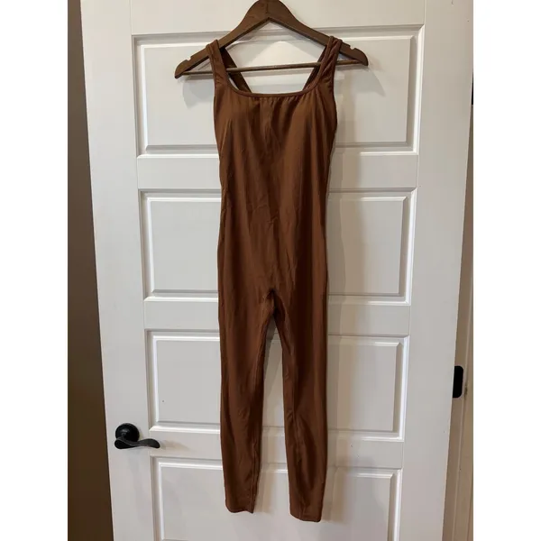 Halara Brown Jumpsuit Ribbed Cut‎ Out Back XS Athleisure Minimalist - Image 2