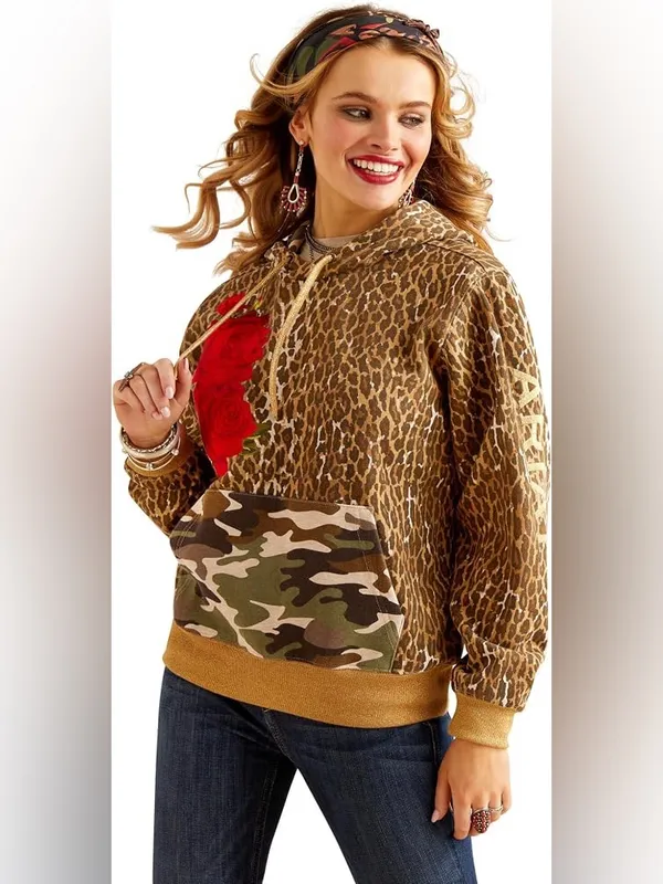 Ariat x Rodeo Quincy Hoodie XL Leopard Print Camo & Embroidered Rose Logo Sleeve - Image 2
