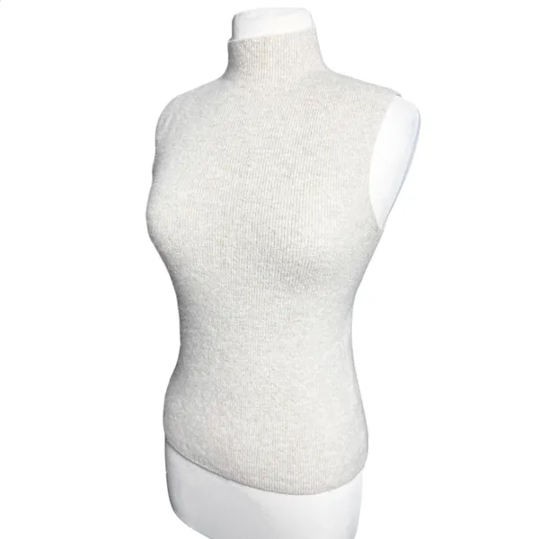 Women’s Cashmere Cream Mock Neck Sleeveless Sweater Knit Shell - Image 3