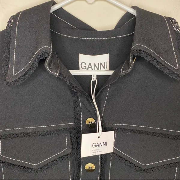 GANNI NEW Sable Topstitch Crepe Swing Button Front Mini Dress Black Sz 36 SNAGS - Image 6