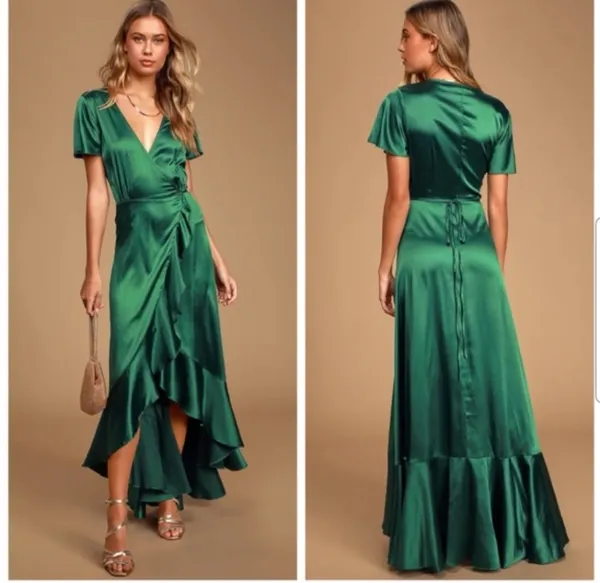 Lulus Love Of Your Life Dark Green Satin Ruffled Wrap Maxi Dress M - Image 2