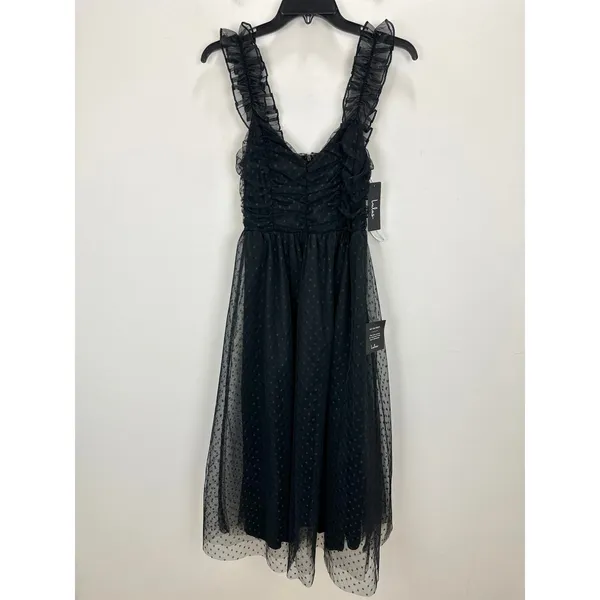 Lulus Forever Celebrated Black Swiss Dot Ruched Tulle Midi Dress Cocktail XS NWT - Image 7