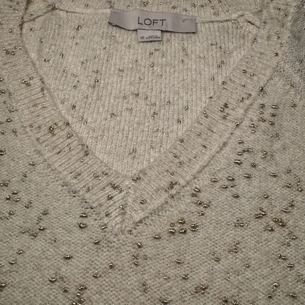 LOFT Womens XS Cream Gold‎ Metallic Shimmer V-Neck Raglan Sleeve Sweater - Image 4