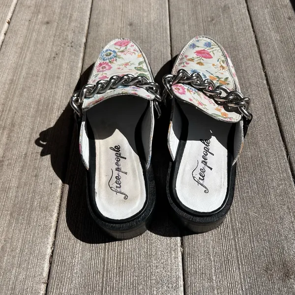 Free People Vida Mules‎ Ivory Floral Slip On Leather Flat Shoes Size EU 38.5 - Image 3