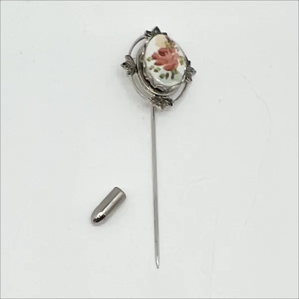 Vintage 1960s Silver Tone Floral Hand Painted Ceramic Plate Stick Pin Brooch - Image 4