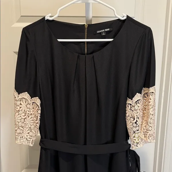 Gianni Bini Black Lace Trim Belted Dress Romantic Chic Feminine Aesthetic Small‎ - Image 8