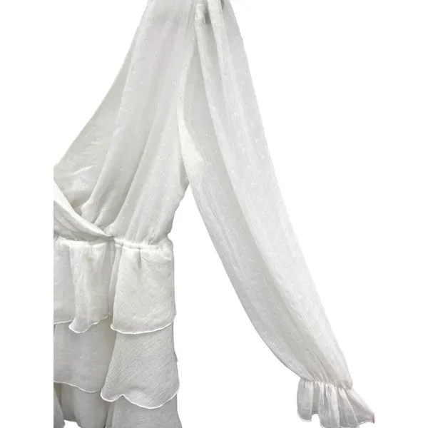 Tiered Ruffle White Mini‎ Dress Womens Large V Neck Romantic Feminine Tie Back - Image 3