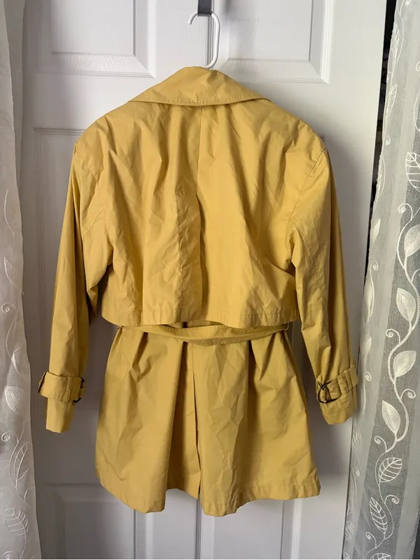Gallery Mustard Double-Breasted cotton Trench Coat Belted tiny point stain sz XS - Image 9