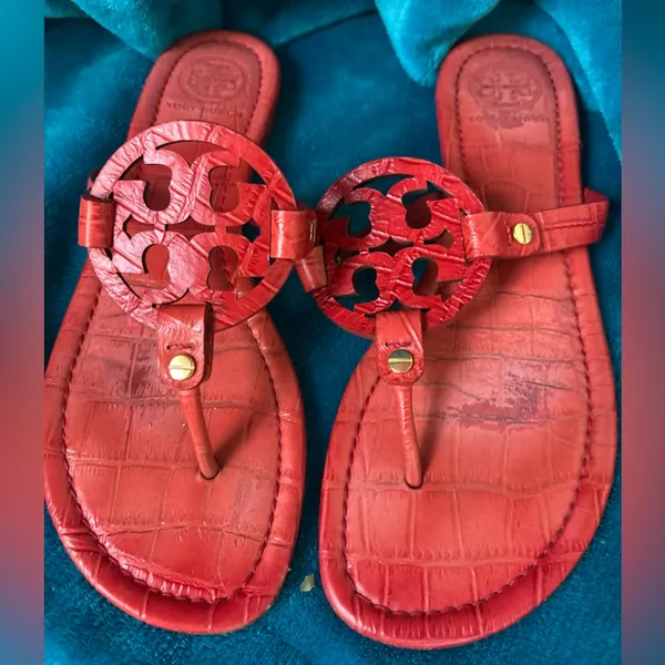 Tory Burch Red Embossed Leather Sandals - Image 6