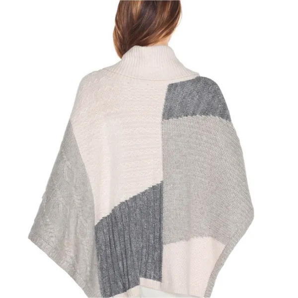 White House Black Market Wool Cowl Neck Patchwork Poncho Sweater Grey Medium - Image 3