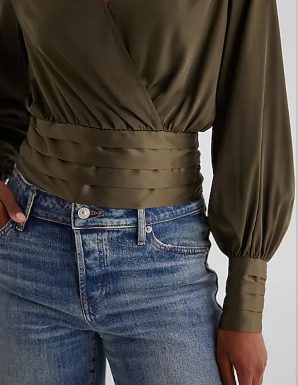 Satin V-Neck Balloon Sleeve Faux Wrap Top - Image 4